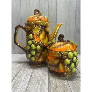 Vintage Nasco Swirling Leaves Grapes Tea Pot & Creamer Sugar Set MCM Japan
